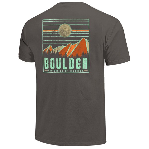A dark gray unisex Image One short sleeve t-shirt with warmly colored flatiron landscape and "Boulder- University of Colorado on back.